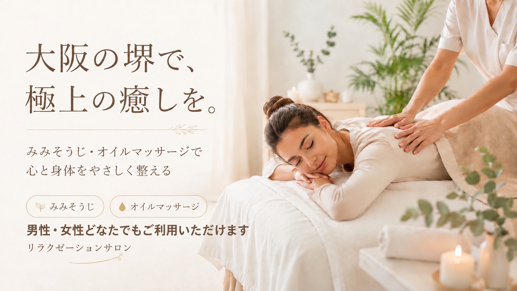 大阪の堺で、極上の癒しを。みみそうじ・オイルマッサージで心と身体をやさしく整える 男性・女性どなたでもご利用いただけます リラクゼーションサロン 夢源